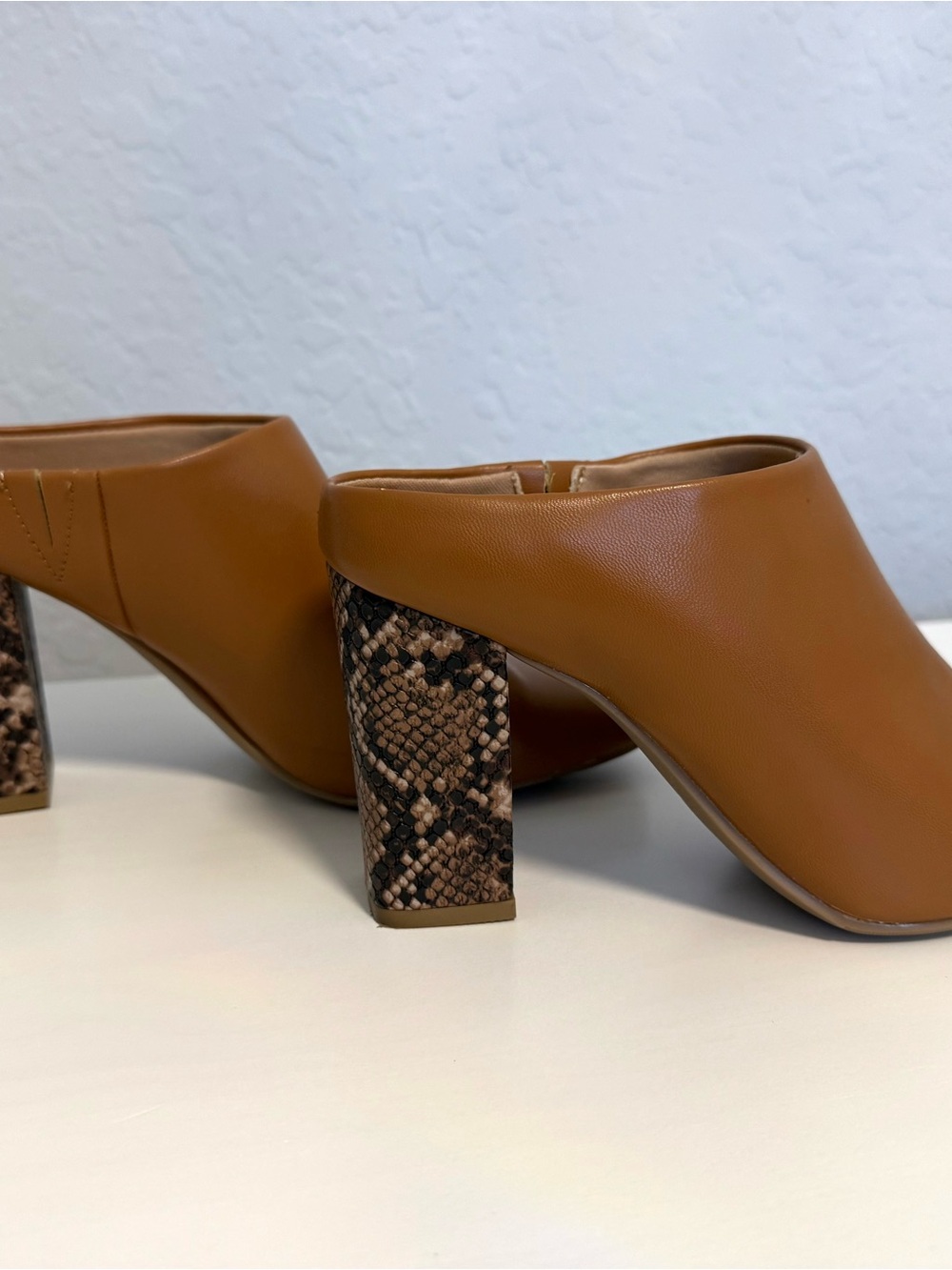 Women's Tan Mule Heels with Snake-Print Block Heel Size 8